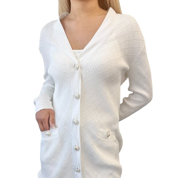 CHANEL Vintage 13P CC Logo Knit Cardigan #36 White Cream Cotton Button [105075]